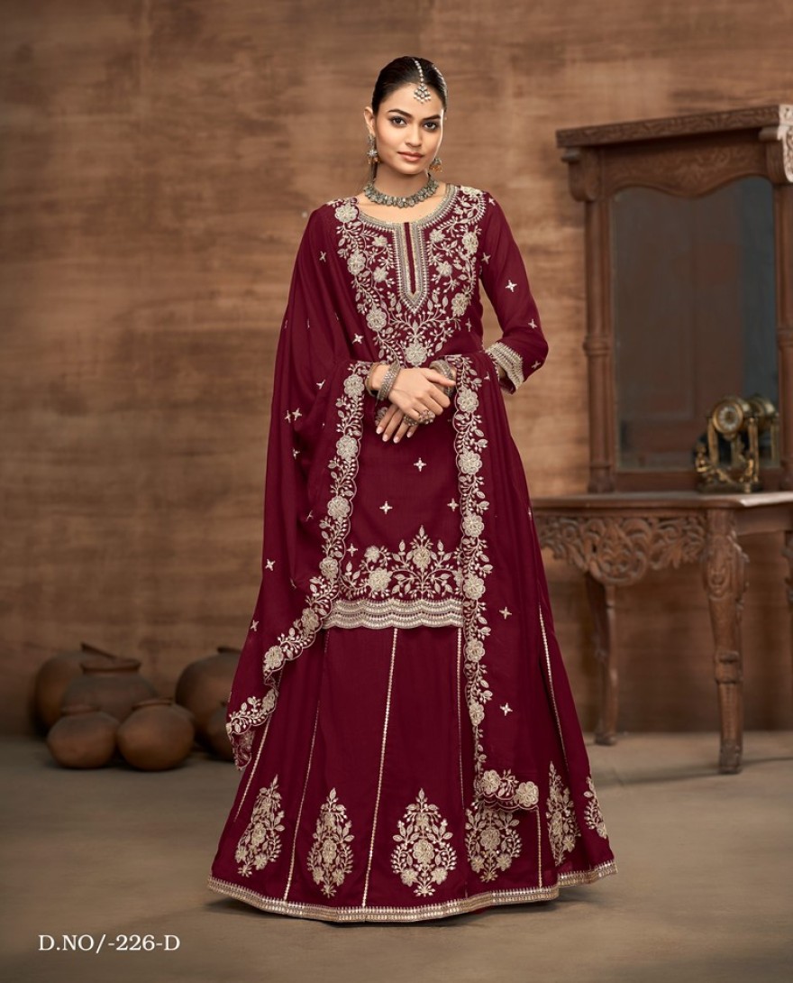 226-Maroon - Maroon Embroidered Traditional Sharara Style Suit.